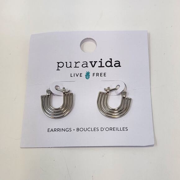 Pura Vida Rainbow Hoop Earrings Silver Tone Dangle Drop Hinged Pierced New - Picture 1 of 4